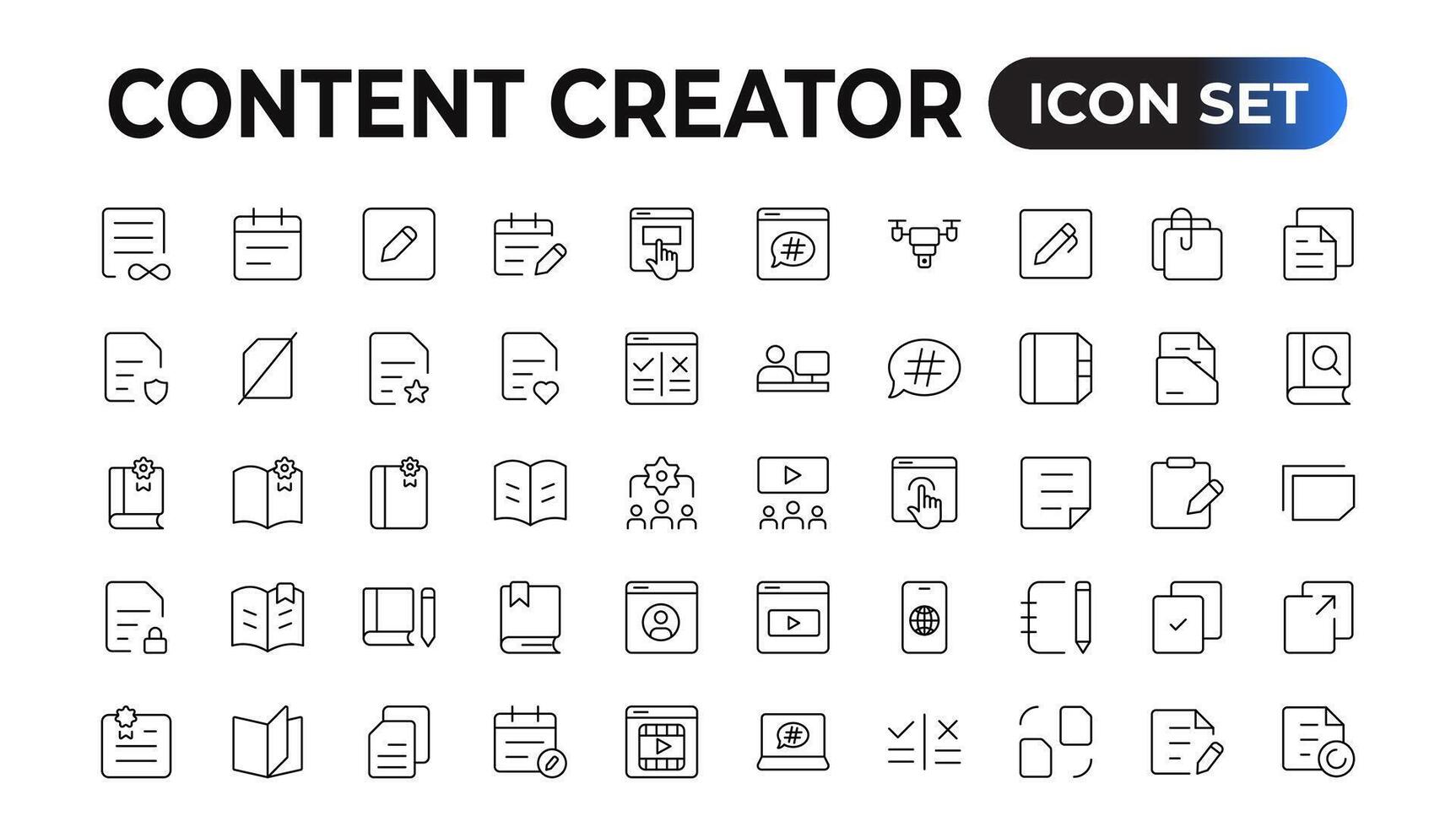 Set of outline icons related to content creation, media. Linear icon collection. Editable stroke. Vector illustration