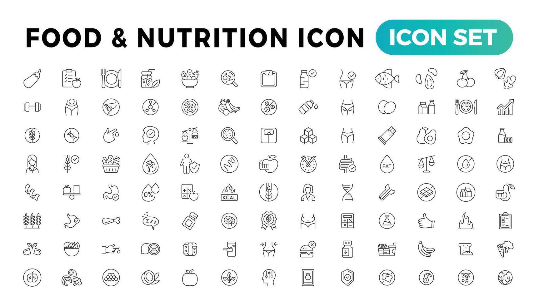 Nutrition, Healthy food and Detox Diet Vector Icons. Contains such Icons as Metabolism, Caunt Calories, Palm oil free, Zero thans fat, Probiotics and more. Simple Outline icons set