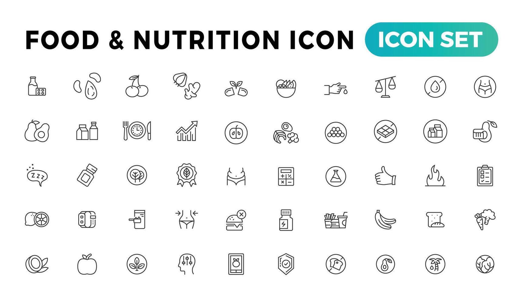 Nutrition, Healthy food and Detox Diet Vector Icons. Contains such Icons as Metabolism, Caunt Calories, Palm oil free, Zero thans fat, Probiotics and more. Simple Outline icons set