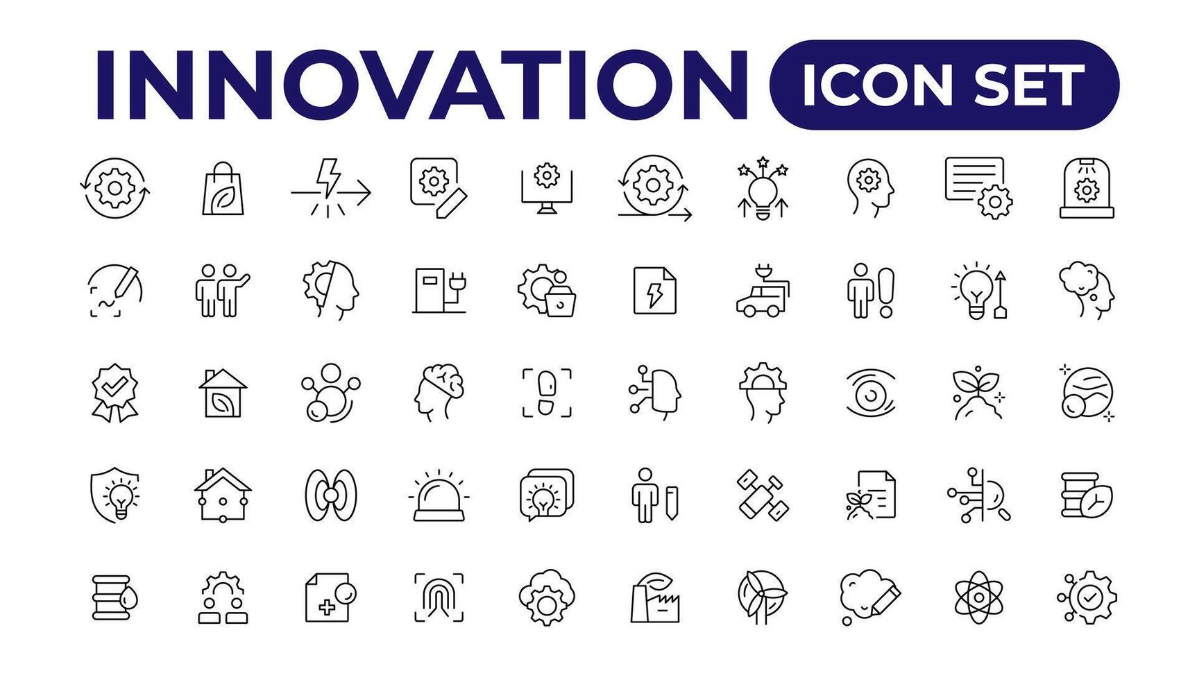 innovación icono colocar. conteniendo creatividad, invención, prototipo, visionario, idea generación.esquema icono recopilación. vector
