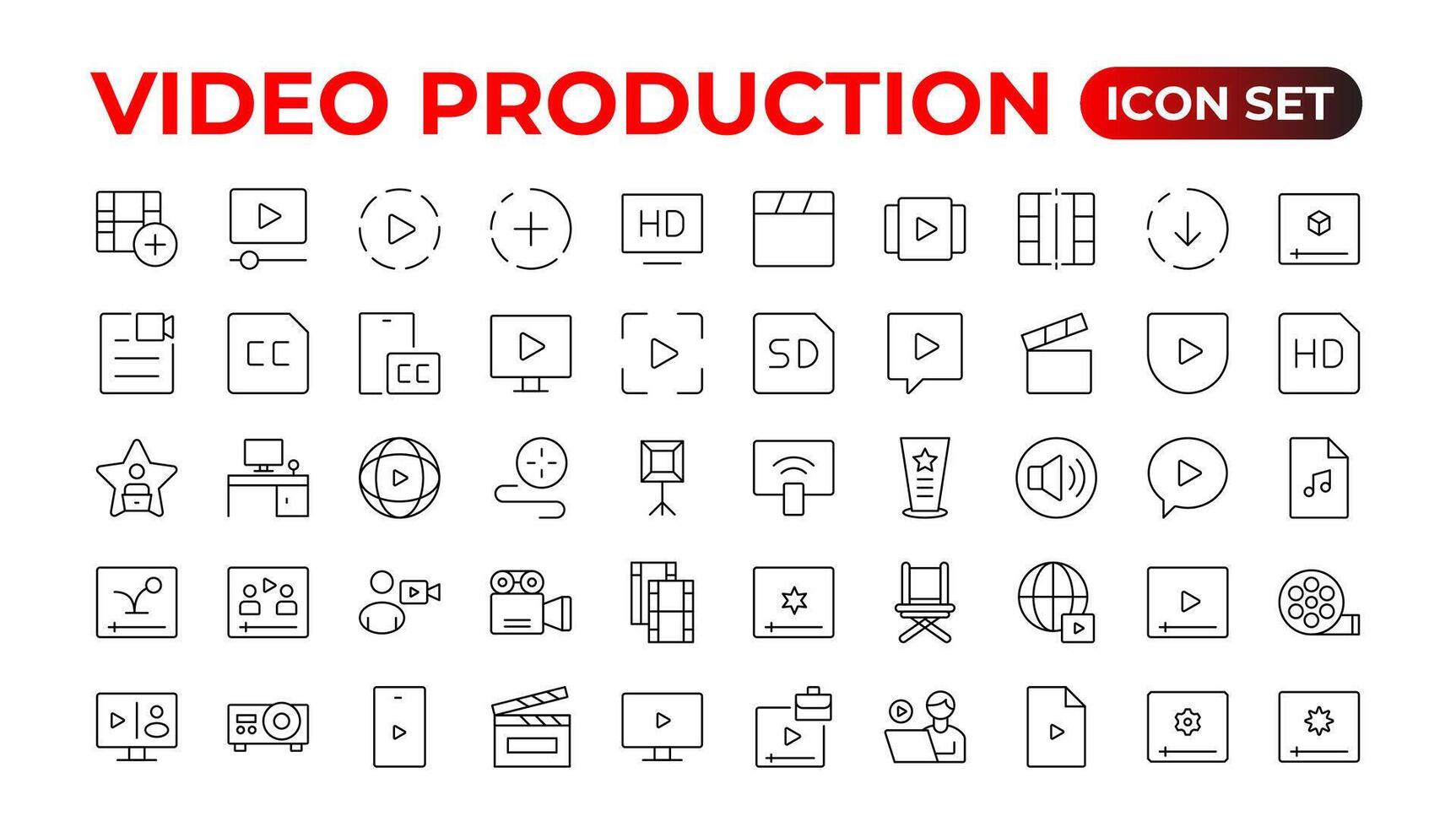 Video icon set. Containing camera, play, pause, media, online video, live, production, player, movie and cinema icons.Outline icon set. vector