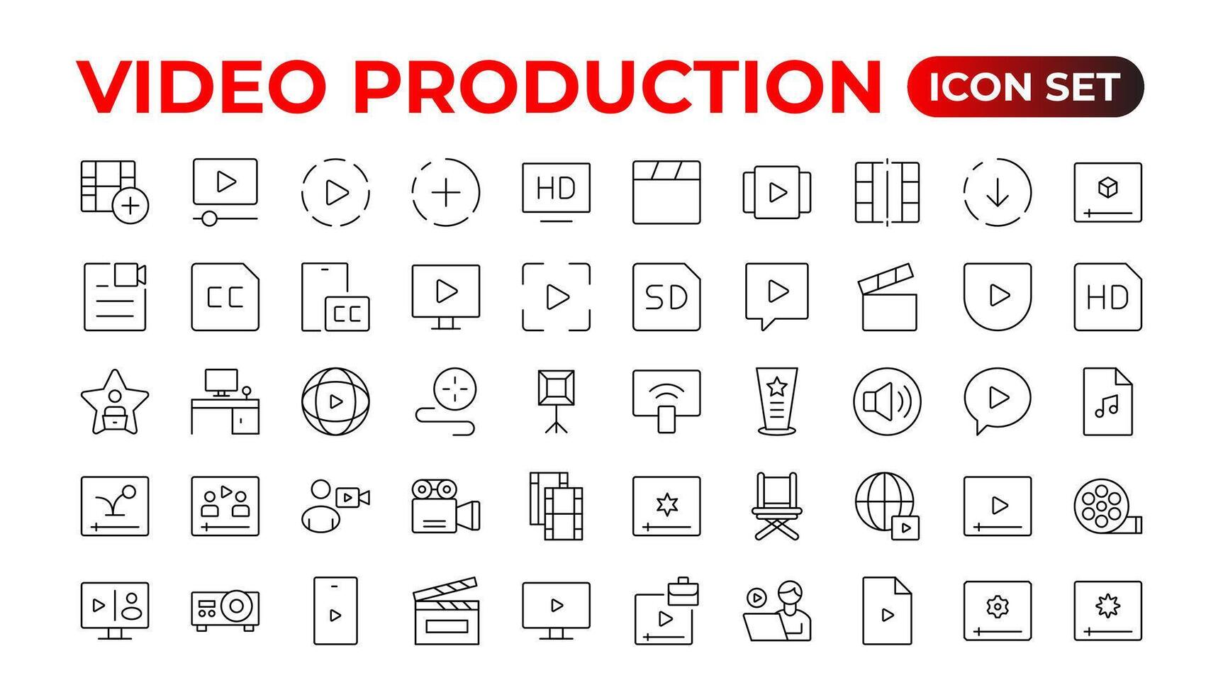 vídeo icono colocar. conteniendo cámara, jugar, pausa, medios de comunicación, en línea video, vivir, producción, jugador, película y cine iconos.esquema icono colocar. vector