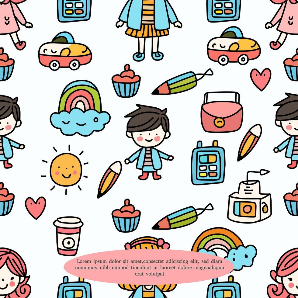 doodle kids seamless pattern with children character,pencil,bag,car,rainbow,sun vector
