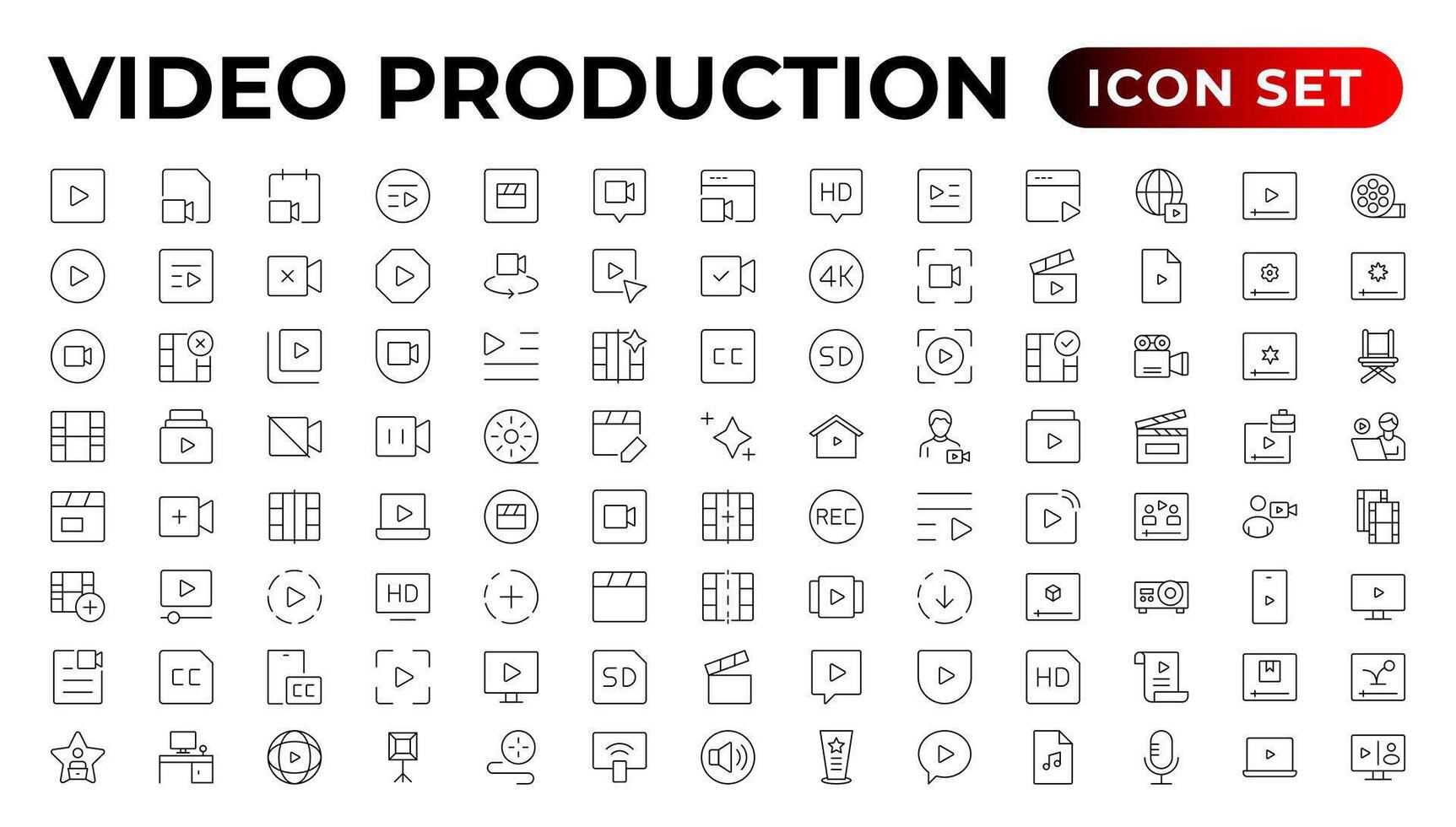 vídeo icono colocar. conteniendo cámara, jugar, pausa, medios de comunicación, en línea video, vivir, producción, jugador, película y cine iconos.esquema icono colocar. vector