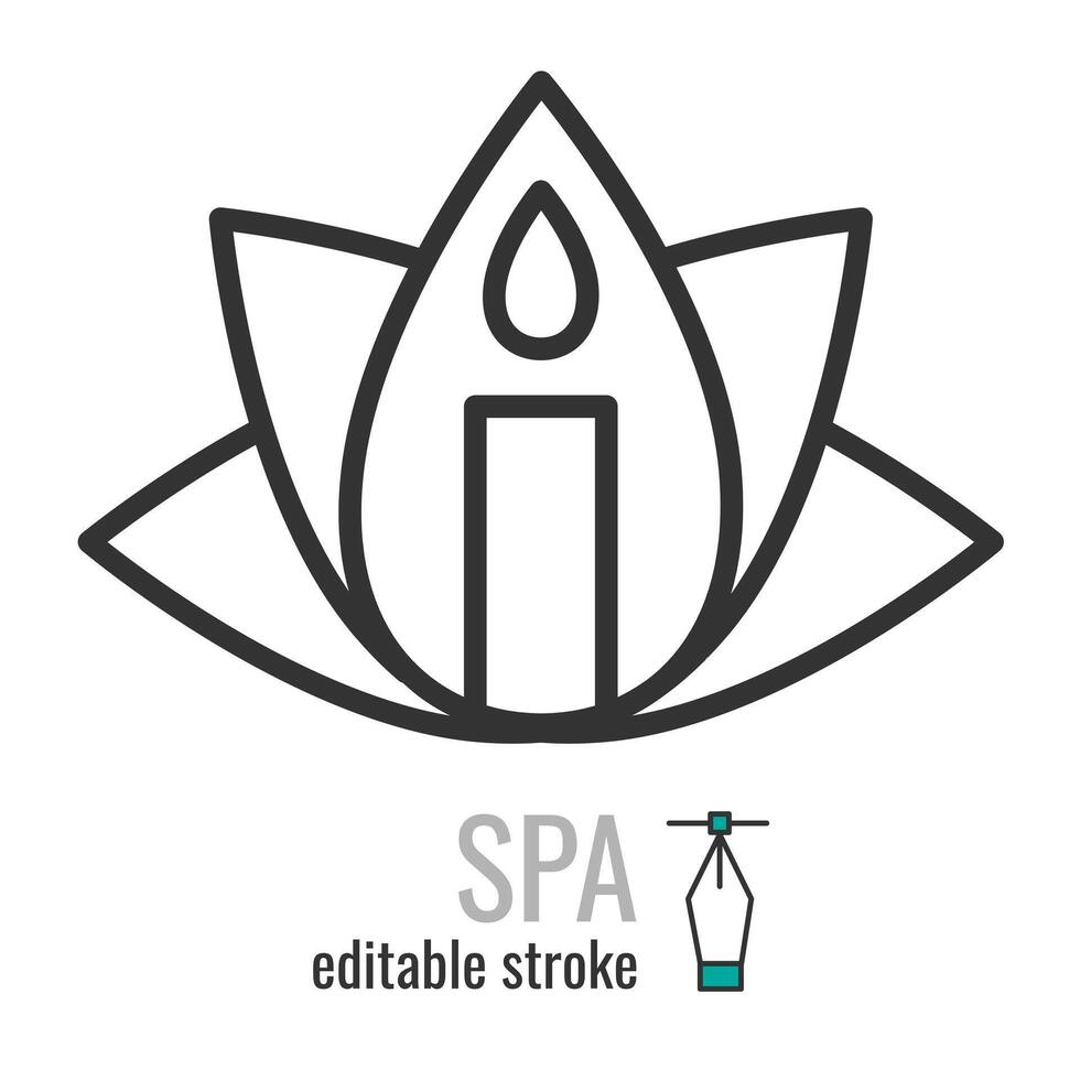 Lotus and candle. Spa center line icon.Spa,yoga services symbol. Spa massage pictogram.Aromatherapy sign. Vector graphics illustration EPS 10. Editable stroke