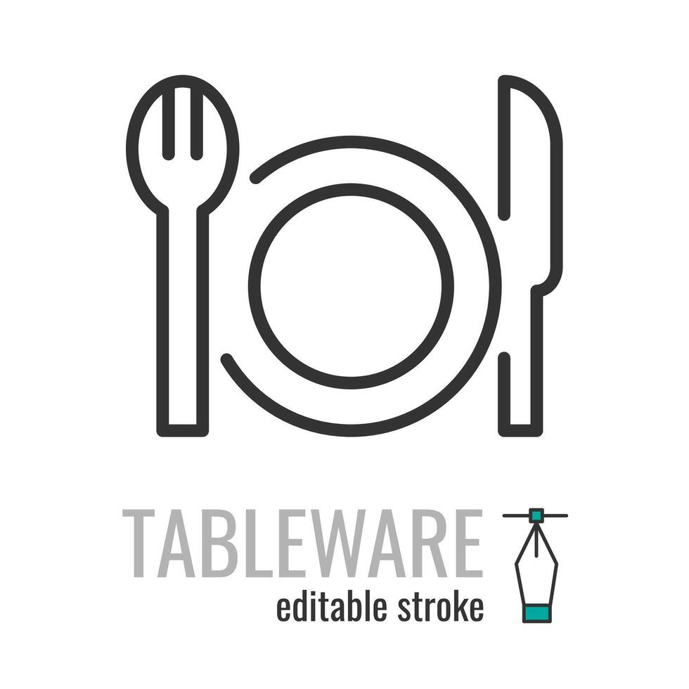 Tableware line icon.Restaurant food symbol.Fork,knife,plate pictogram.Dinner, utensil, table setting sign. Vector graphics illustration EPS 10. Editable stroke