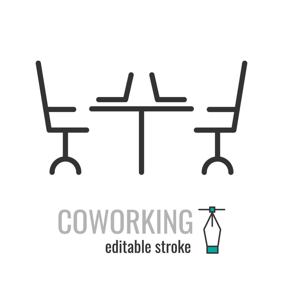 Coworking, Workplace or Workspace line icon.Remote Work symbol.Meeting Room pictogram.Co Working Space sign. Vector graphics illustration EPS 10. Editable stroke