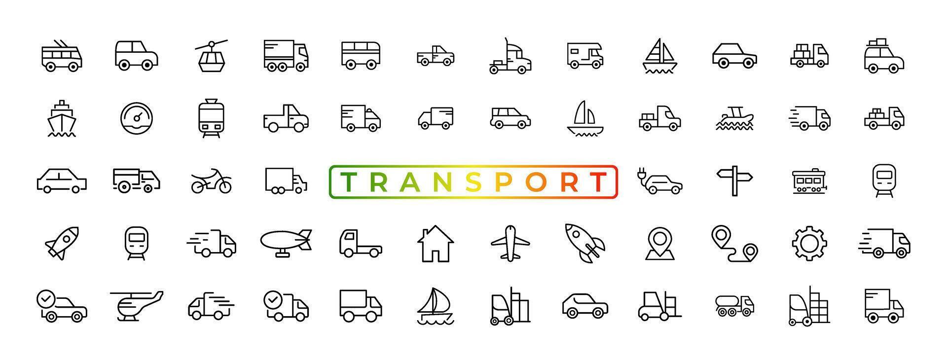 elementos de transporte, vehículos y entrega: conjunto mínimo de iconos web de línea delgada. colección de iconos de contorno. ilustración vectorial simple. vector