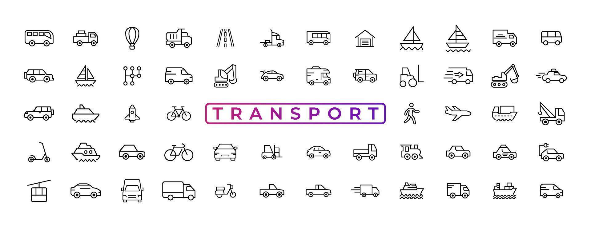 elementos de transporte, vehículos y entrega: conjunto mínimo de iconos web de línea delgada. colección de iconos de contorno. ilustración vectorial simple. vector