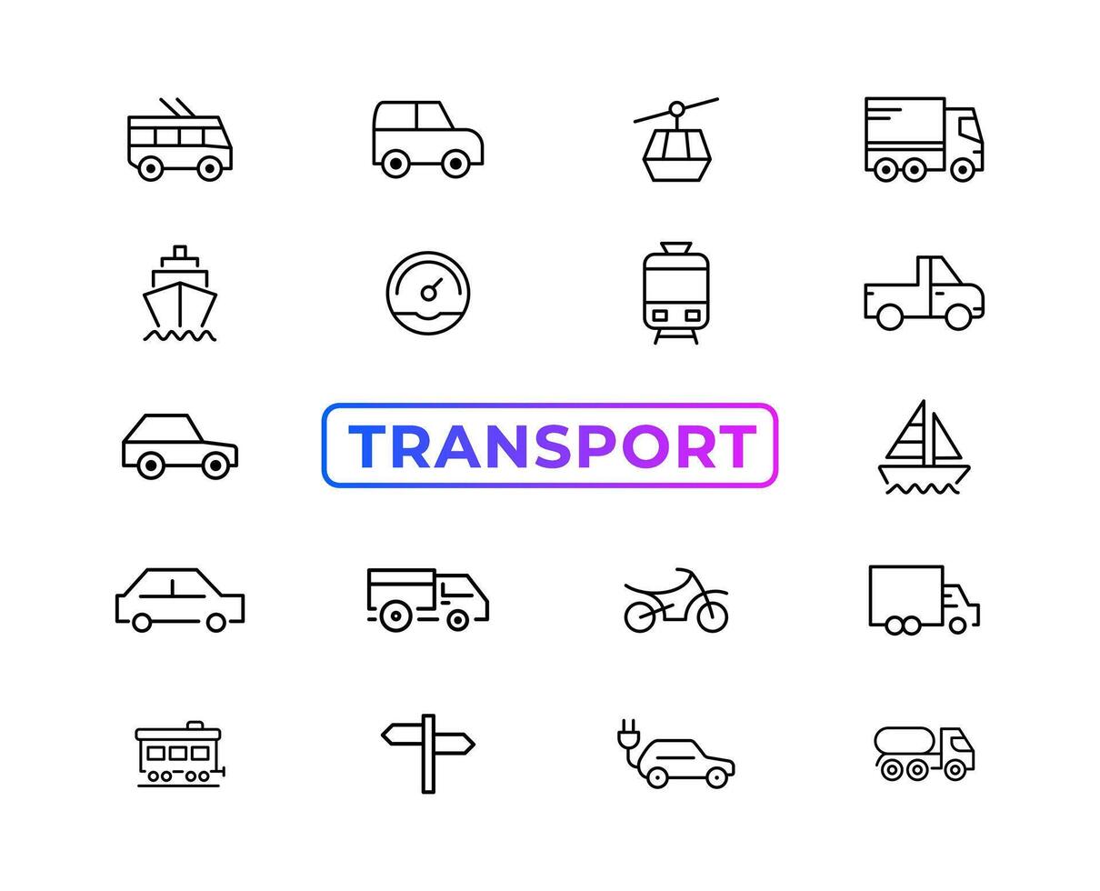 elementos de transporte, vehículos y entrega: conjunto mínimo de iconos web de línea delgada. colección de iconos de contorno. ilustración vectorial simple. vector