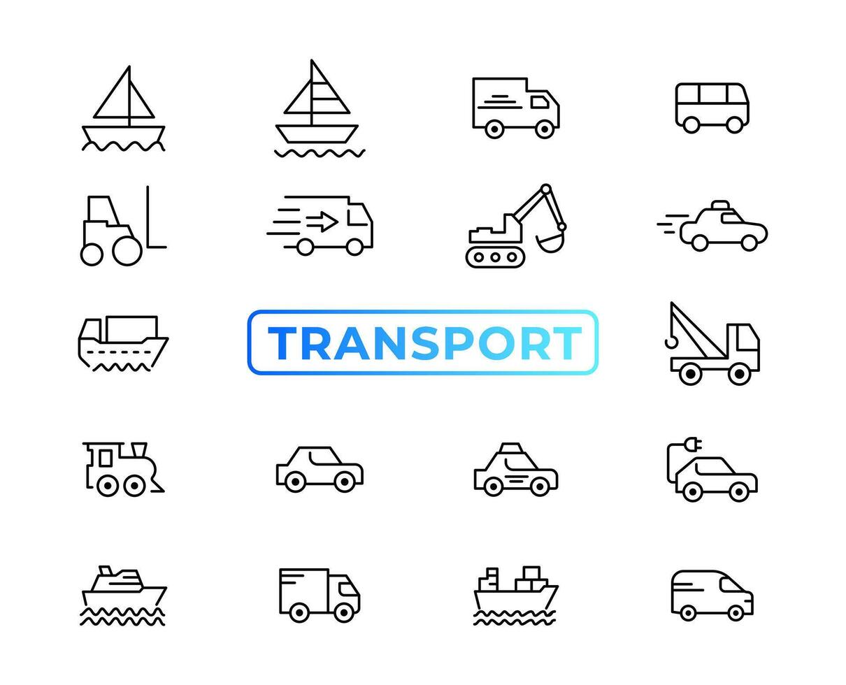 elementos de transporte, vehículos y entrega: conjunto mínimo de iconos web de línea delgada. colección de iconos de contorno. ilustración vectorial simple. vector