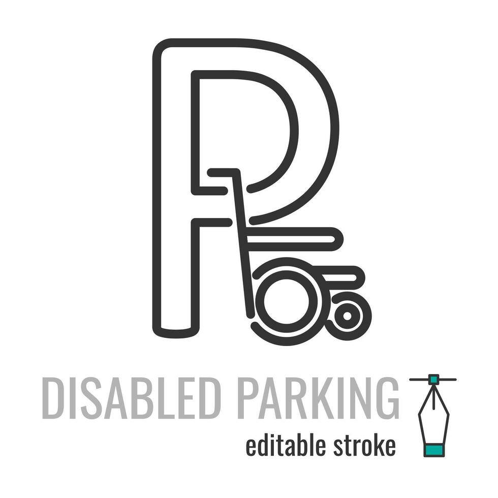 Disabled Parking line icon.Wheelchair, handicapped or accessibility parking only symbol.handicap reserved parking pictogram.P wheelchair sign. Vector graphics illustration EPS 10. Editable stroke