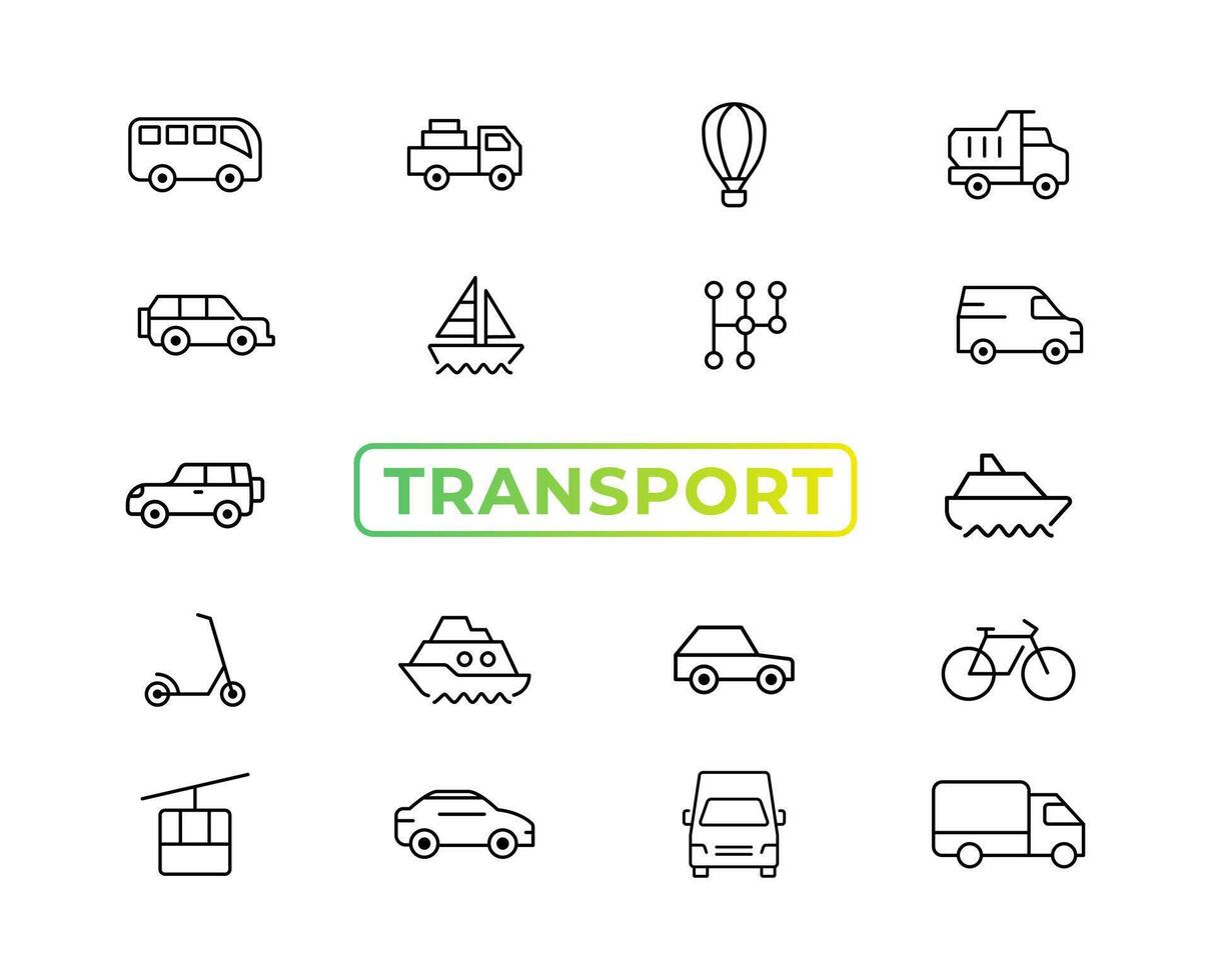 elementos de transporte, vehículos y entrega: conjunto mínimo de iconos web de línea delgada. colección de iconos de contorno. ilustración vectorial simple. vector