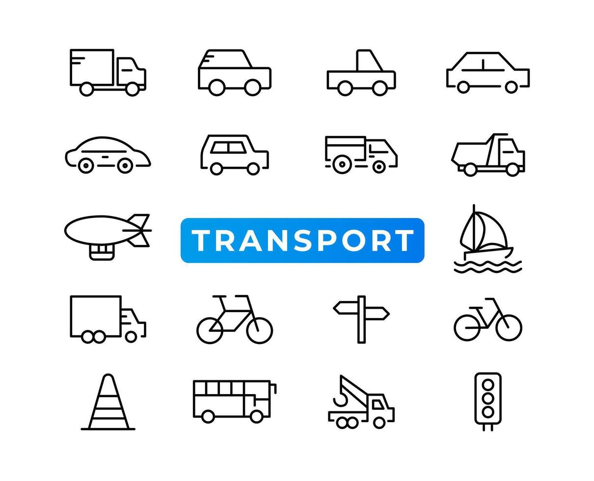 elementos de transporte, vehículos y entrega: conjunto mínimo de iconos web de línea delgada. colección de iconos de contorno. ilustración vectorial simple. vector