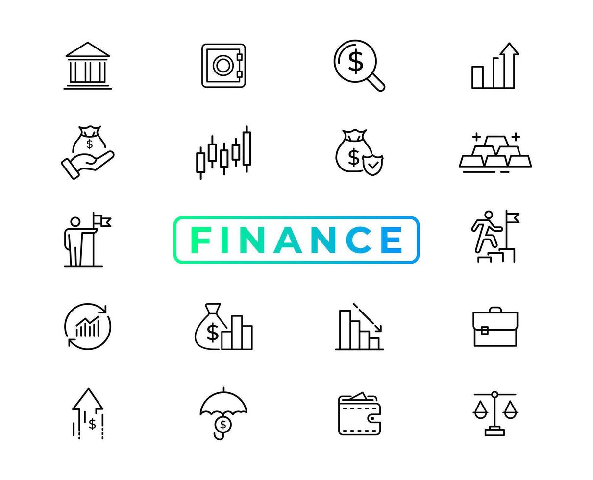 Finance line icons set. Money payments elements outline icons collection. Payments elements symbols. Currency, money, bank, cryptocurrency, check, wallet, piggy, balance, safe - stock vector. vector