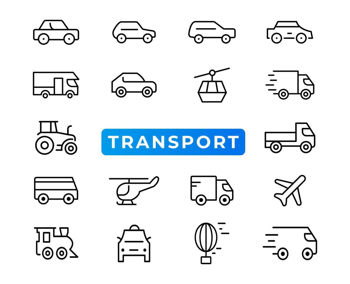 elementos de transporte, vehículos y entrega: conjunto mínimo de iconos web de línea delgada. colección de iconos de contorno. ilustración vectorial simple. vector