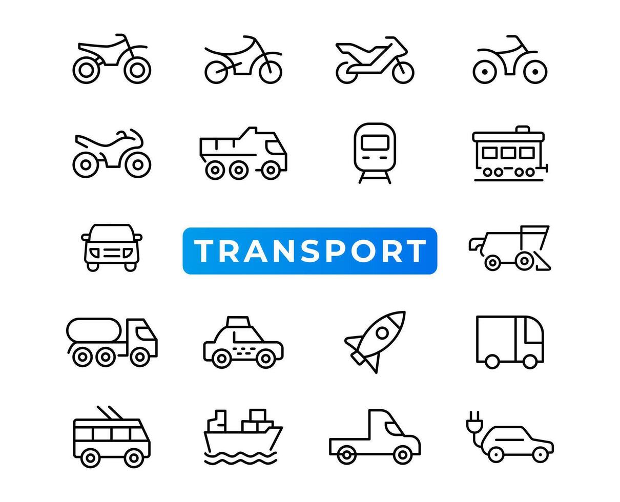 elementos de transporte, vehículos y entrega: conjunto mínimo de iconos web de línea delgada. colección de iconos de contorno. ilustración vectorial simple. vector