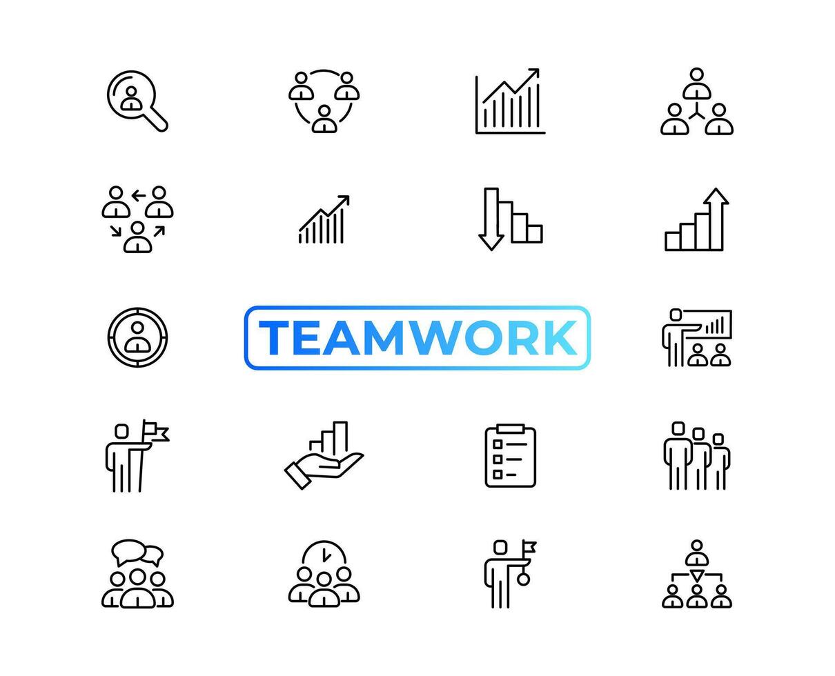 Teamwork line icons set. Businessman outline icons collection. Work group and human resources. Business teamwork, human resources, meeting, partnership, meeting, work group, success - stock vector. vector