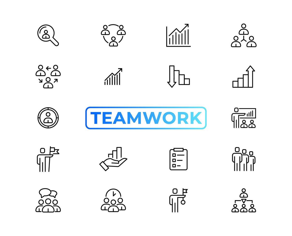 trabajo en equipo línea íconos colocar. empresario contorno íconos recopilación. trabajo grupo y humano recursos. negocio trabajo en equipo, humano recursos, reunión, camaradería, reunión, trabajo grupo, éxito - valores vector. vector