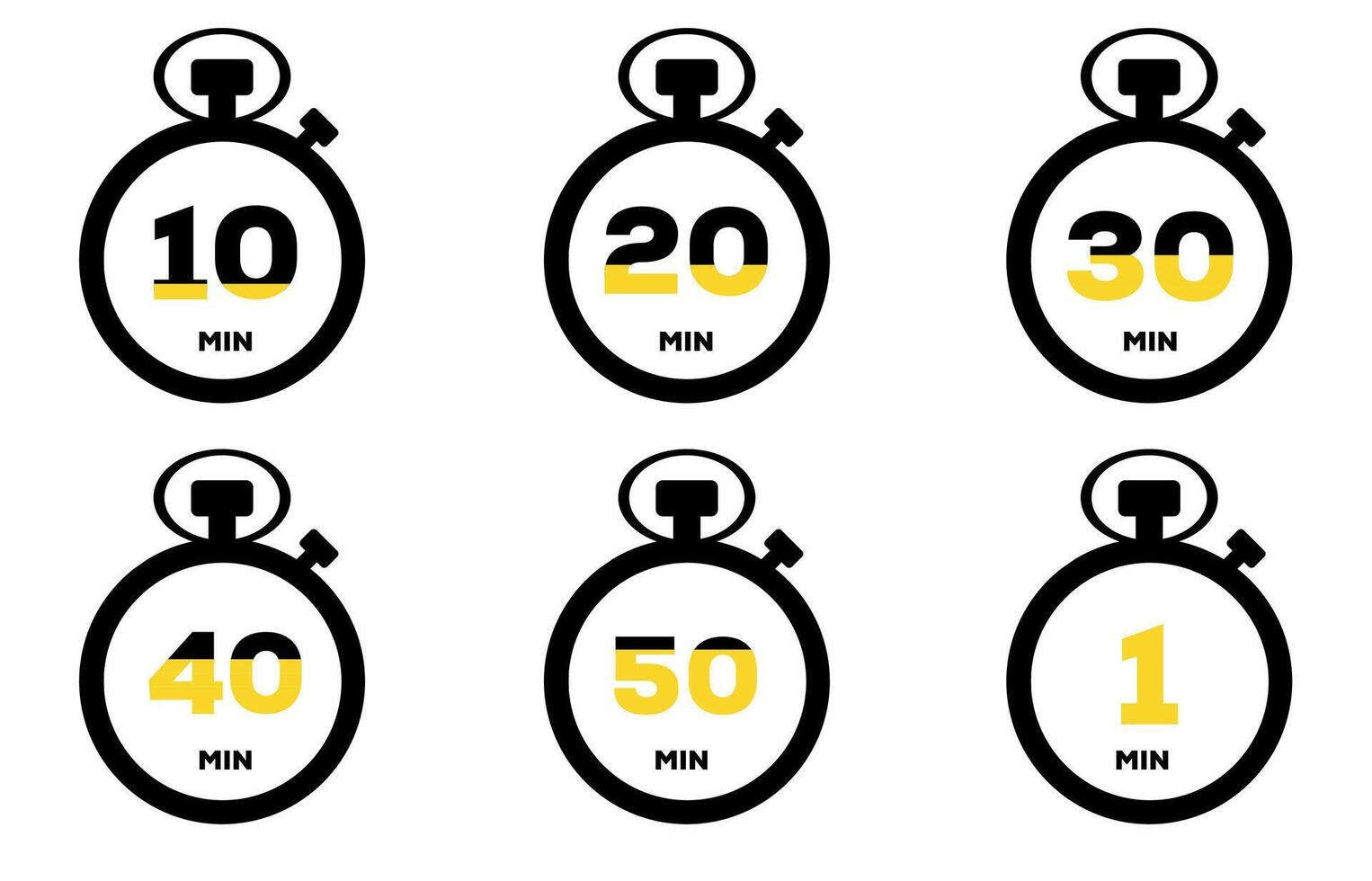 Set of timer and stopwatch icons. Kitchen timer icon with different minutes. Cooking time symbols and labels vector