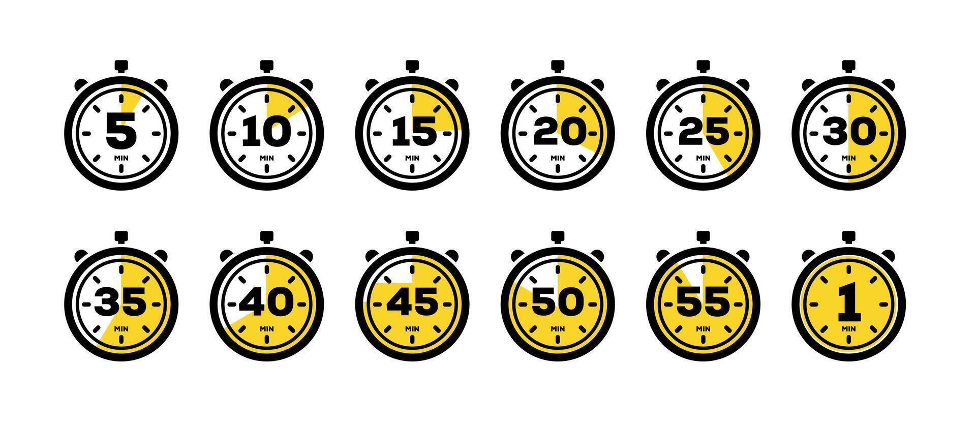 Set of timer and stopwatch icons. Kitchen timer icon with different minutes. Cooking time symbols and labels vector