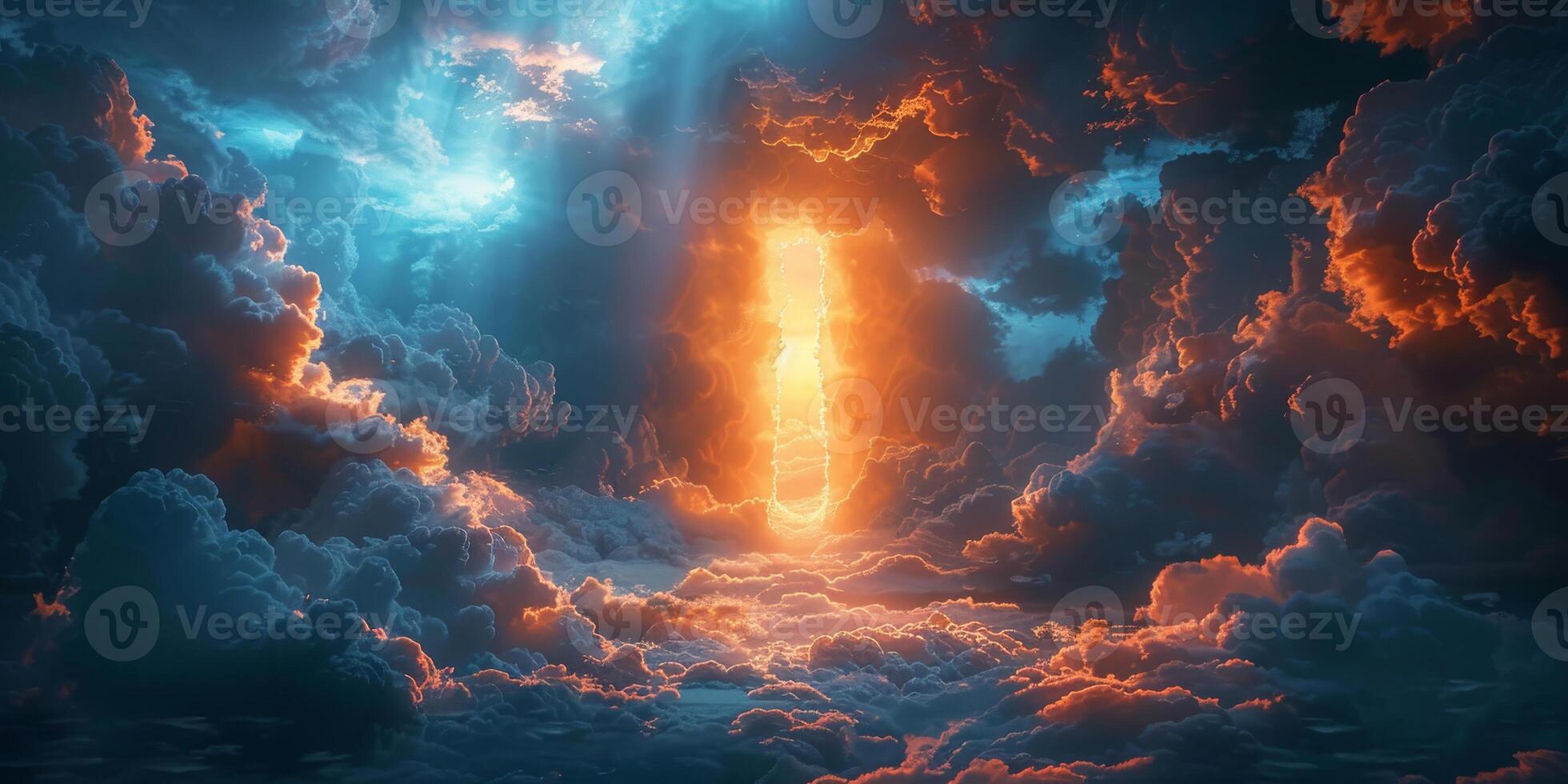 AI generated An image capturing clouds with a beam of light emanating from a mystical-looking doorway suspended in the sky photo