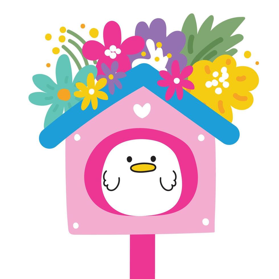 Cute bird line hand drawn style stay in birdhouse with flower on white background.Spring.Floral.Animal character cartoon design.Baby graphic.Kawaii.Vector.Illustration. vector