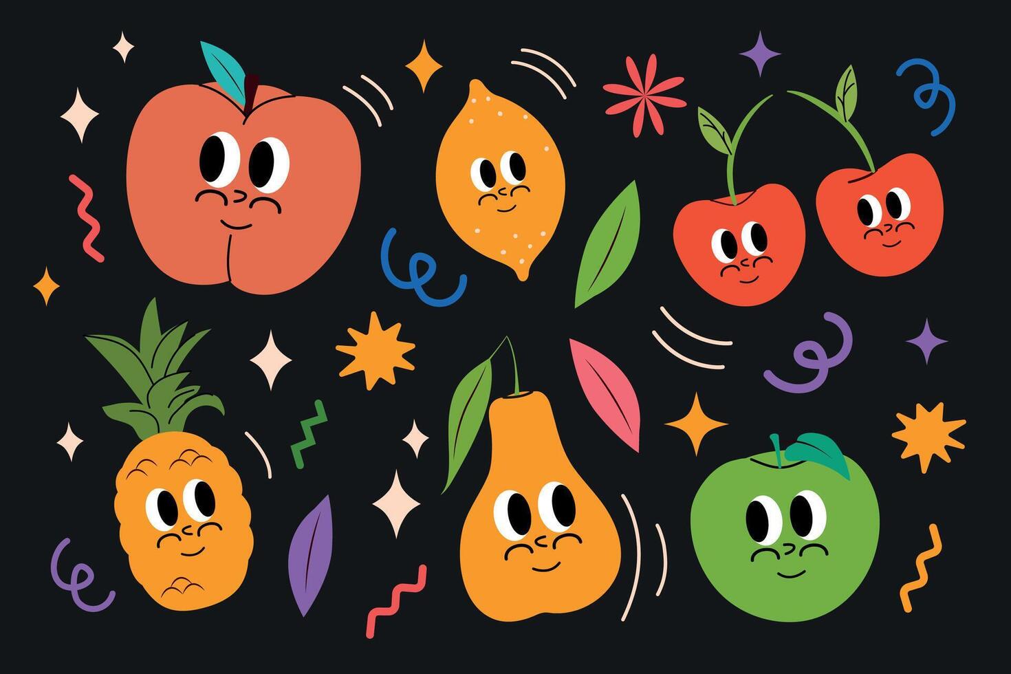 Set of fruits in modern and trendy groovy style. Vector y2k illustration. Retro poster. Peach, apple, pear, lemon, cherry, pineapple. Comic Character mascot. 60s. Stickers hippie pack. Smile face.