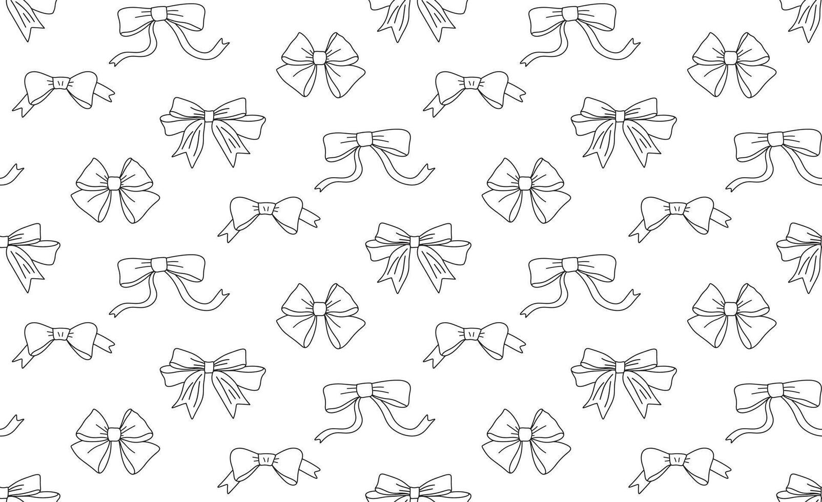 Seamless pattern background with different hand drawn bows ribbons, bow ties, simple minimalist black and white vector illustration backdrop