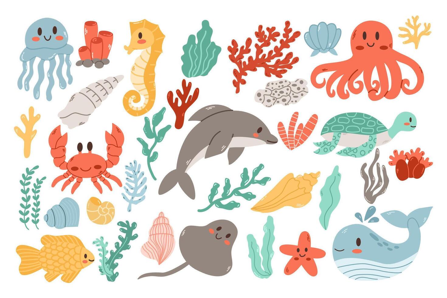 Sea animals.Set with hand drawn sea life elements.Fish and wild marine animals are isolated on white background. vector