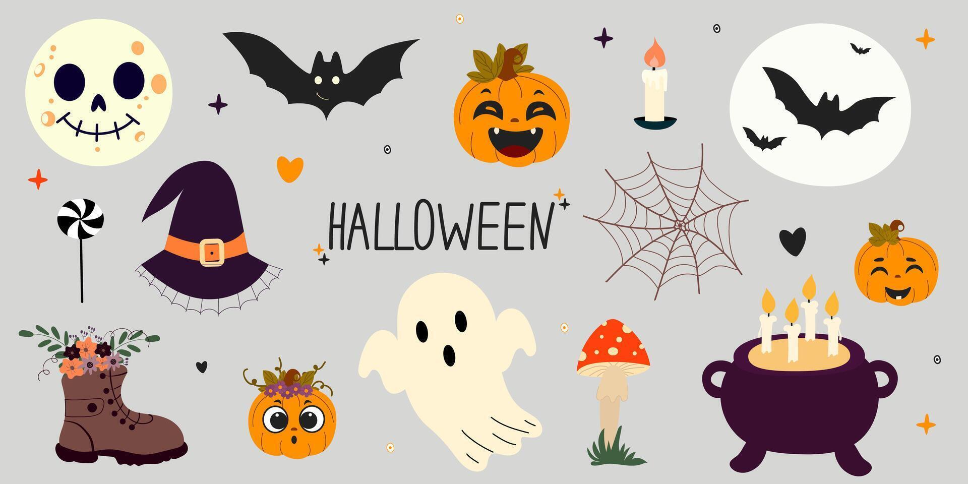 linda conjunto de elementos para el Víspera de Todos los Santos día festivo. fantasma,calabaza,volar agárico,arranque,luna,vela,murciélago,web,caldero,poción.vector ilustración para saludo tarjetas vector