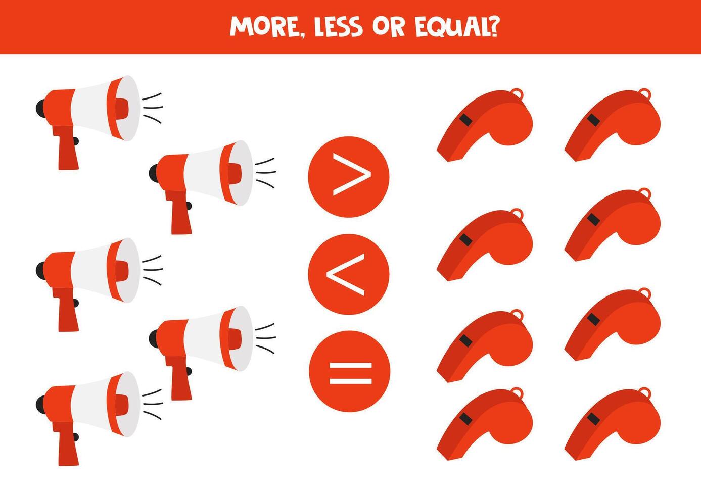 Grater, less or equal with cute cartoon megaphones and whistles. vector