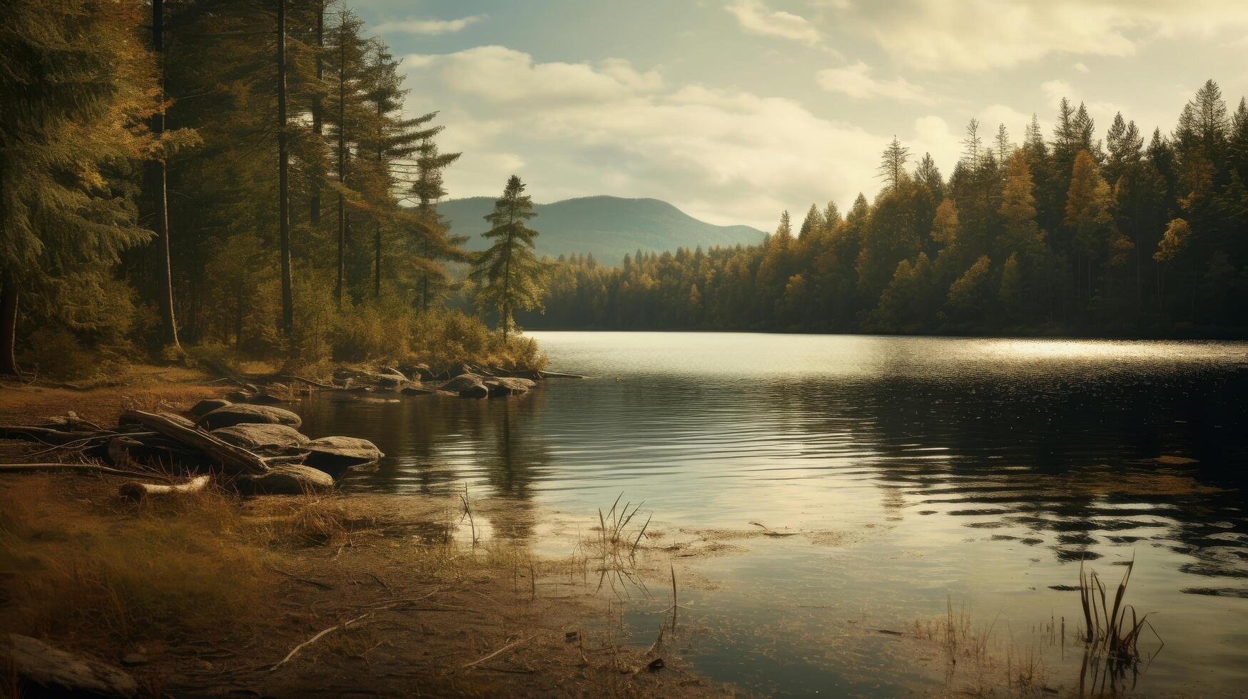 AI generated Background of lake landscape with green trees and blue sky photo