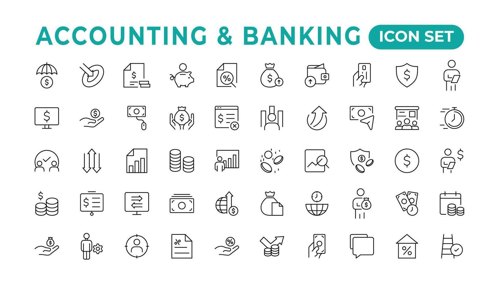 Set of line icons related to accounting, audit, and taxes. Outline icon collection. Businesssymbols.Income set. Containing money, tax, earnings, payment,paycheck, work, pension, and wages icons. vector