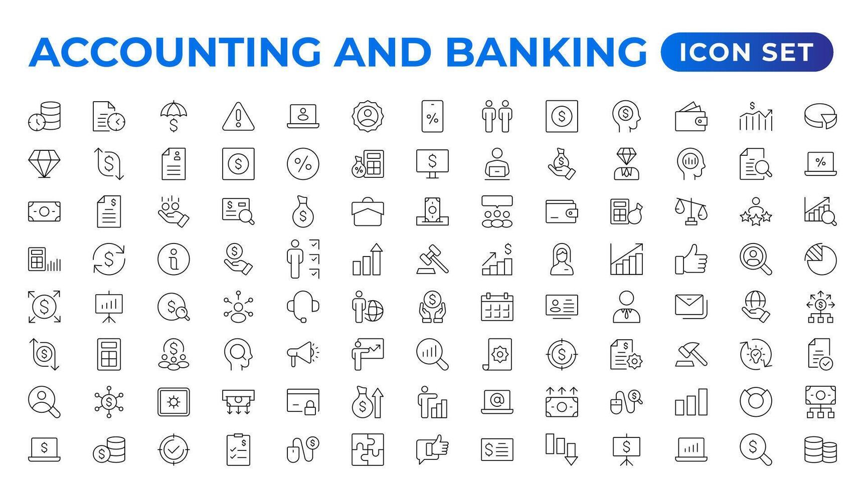 Set of line icons related to accounting, audit, and taxes. Outline icon collection. Businesssymbols.Income set. Containing money, tax,earnings,payment,paycheck, work, pension, and wages icons. vector