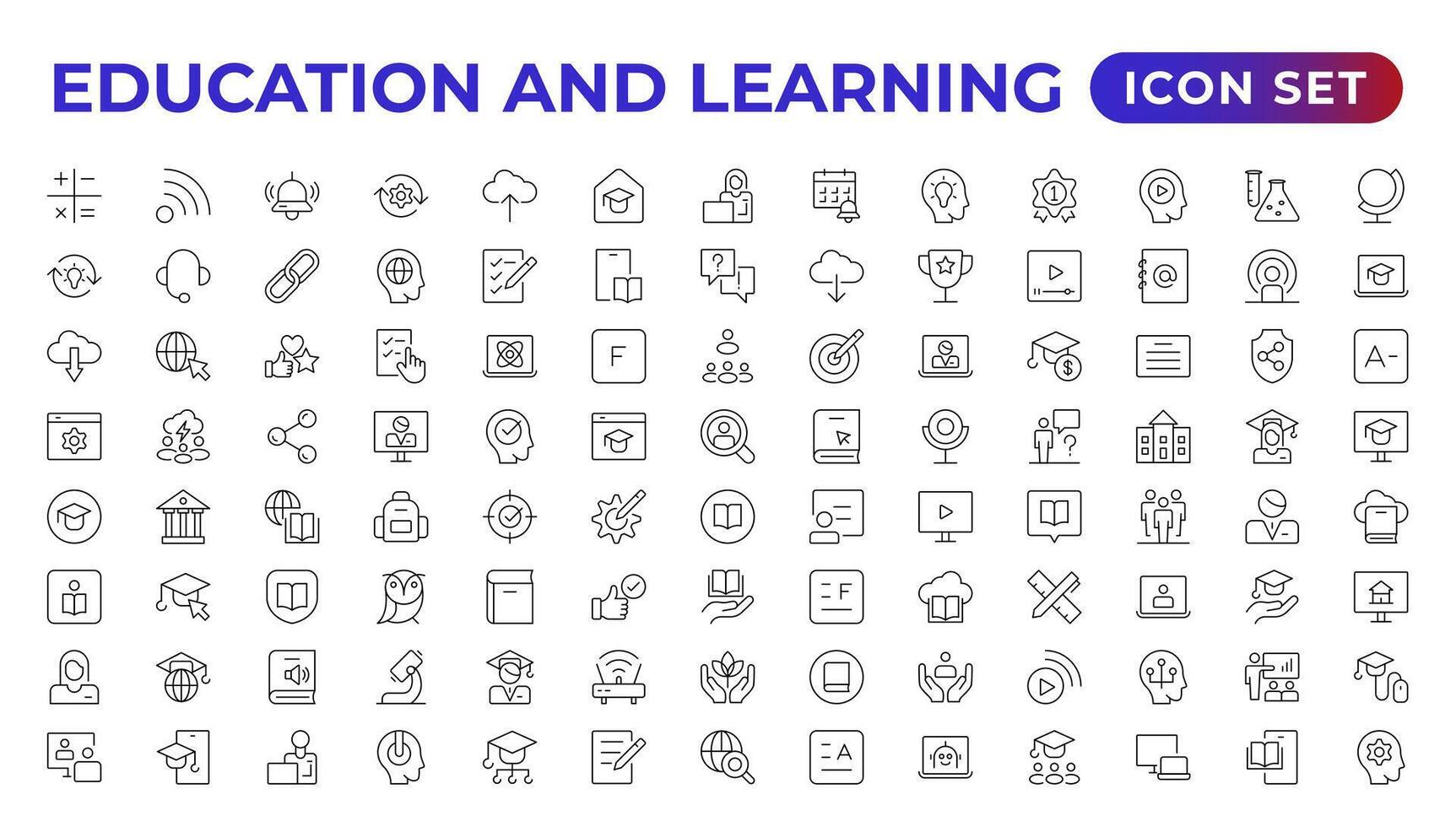 Education line icon collection.Contains knowledge, college, task list, design, training, idea, teacher, file, graduation hat, institute, ruler,and telescope.Education set of web icons in style. vector