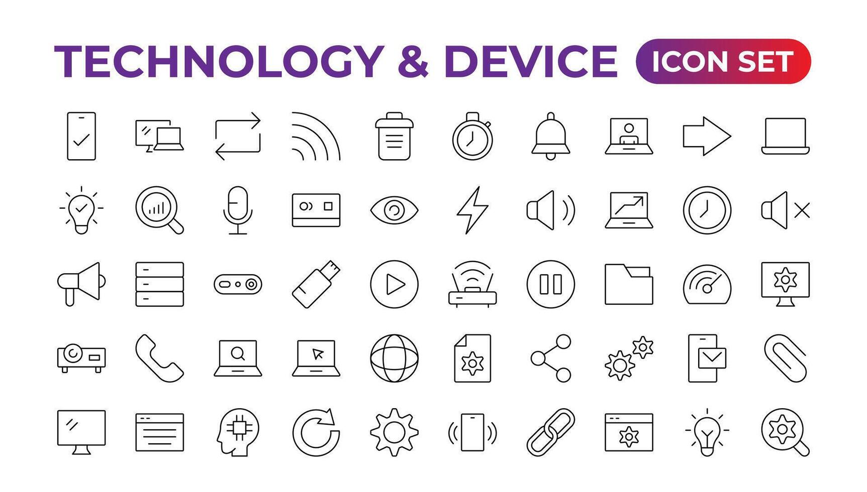 dispositivos y electrónica relacionado línea iconos.computadoras móvil Los telefonos vector lineal icono configurar.dispositivo iconos, teléfono inteligente, tableta, ordenador portátil escritorio computadora. vector ilustración, plano diseño.esquema icono.