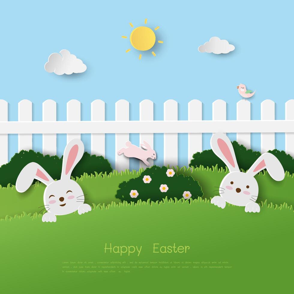 contento Pascua de Resurrección saludo tarjeta, celebrar tema con Pascua de Resurrección huevos y conejos en papel cortar y arte estilo vector
