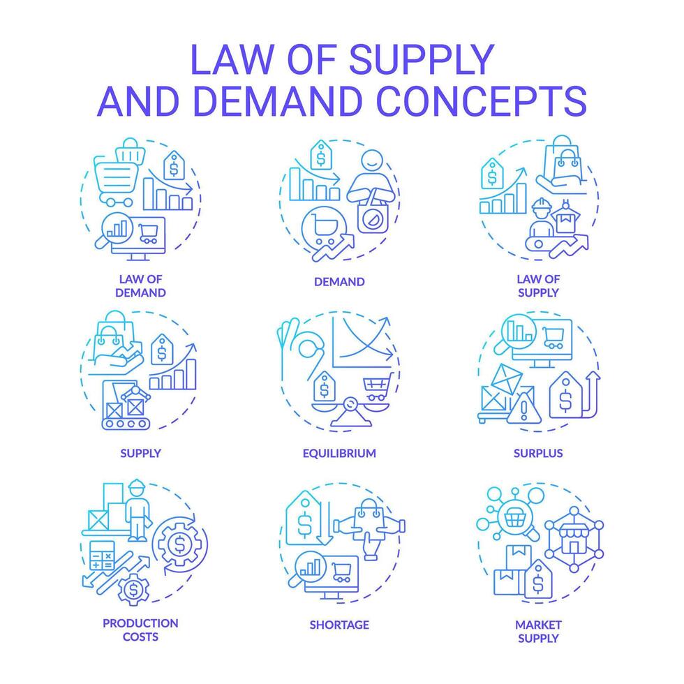 ley de suministro azul degradado concepto iconos precio, cantidad de bienes, Servicio en mercado. suministro y demanda. icono embalar. vector imágenes redondo forma ilustraciones para folletos en marketing. resumen idea