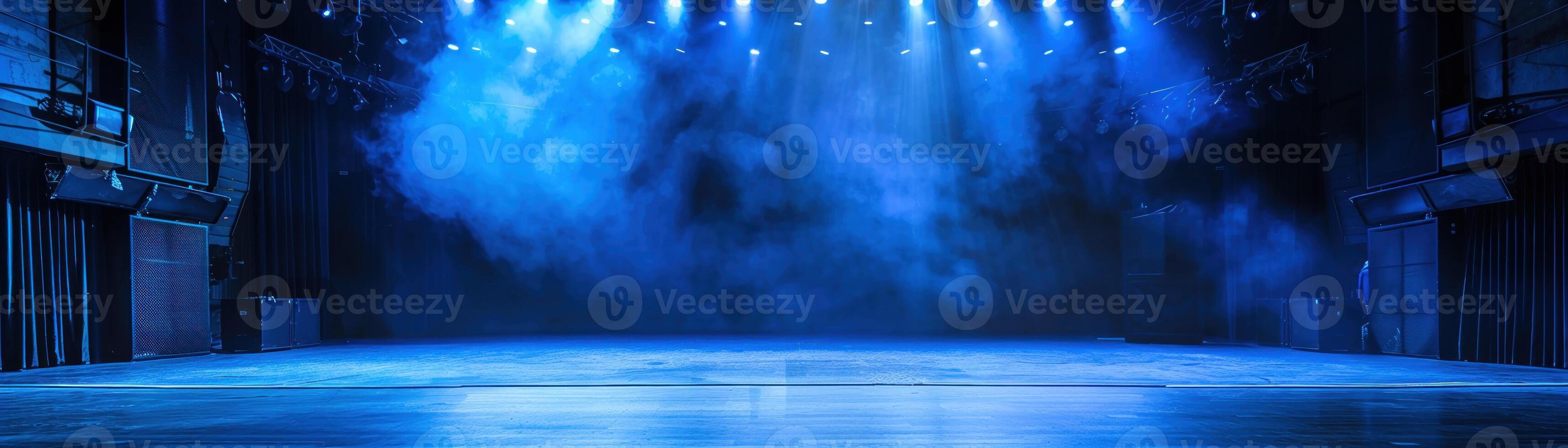 AI generated An empty stage awaits bathed in dramatic blue spotlighting photo