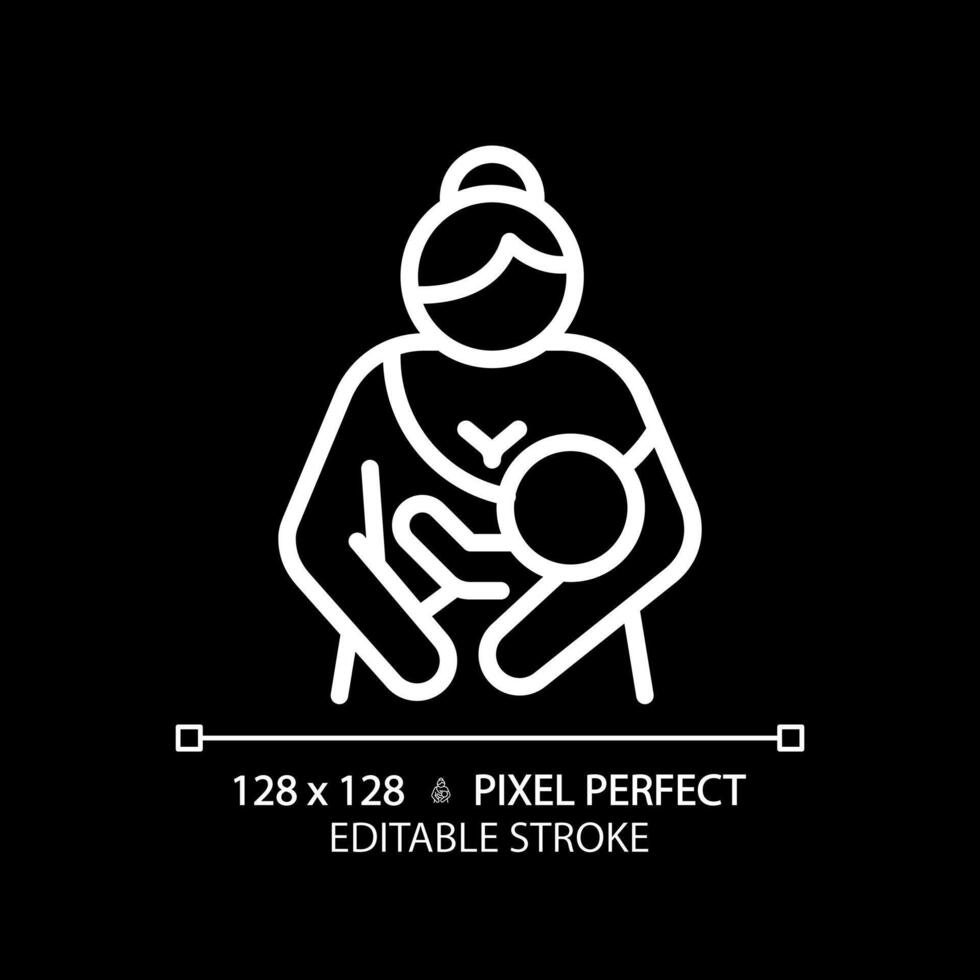 Baby lactation white linear icon for dark theme. Breastfeeding, childcare. Breast suckling, newborn holding. Human reproduction. Thin line illustration. Isolated symbol for night mode. Editable stroke vector