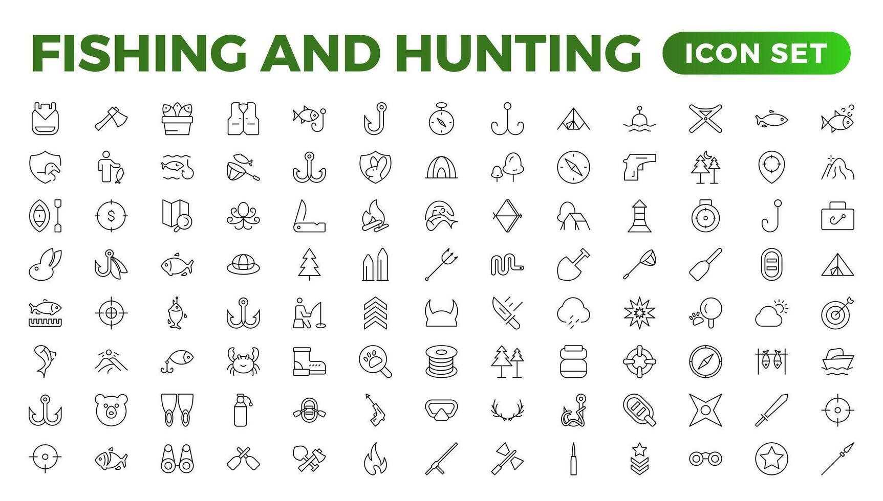Hunting and fishing icon set.Hunting and fishing line icons collection. Big UI icon set in a flat design. Thin outline icons pack. Mushrooming, Fishing, and Hunting. Outline icon set. vector
