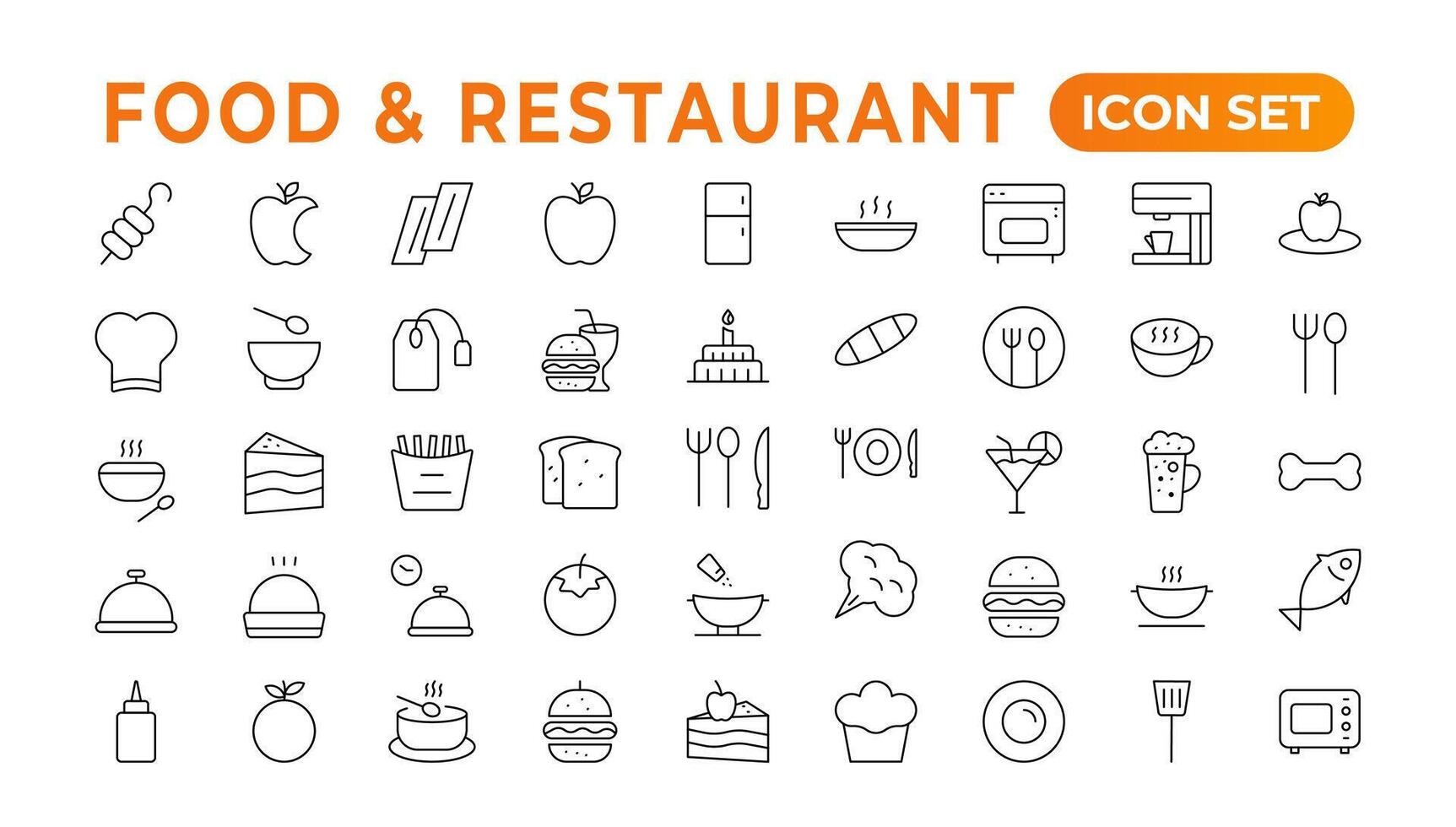 Food icon collection. Containing meal, restaurant, dishes, and fruit icons. Set of outline icons related to food and drink. Linear icon collection. Outline icons such as drink water,apple leaf,pack. vector