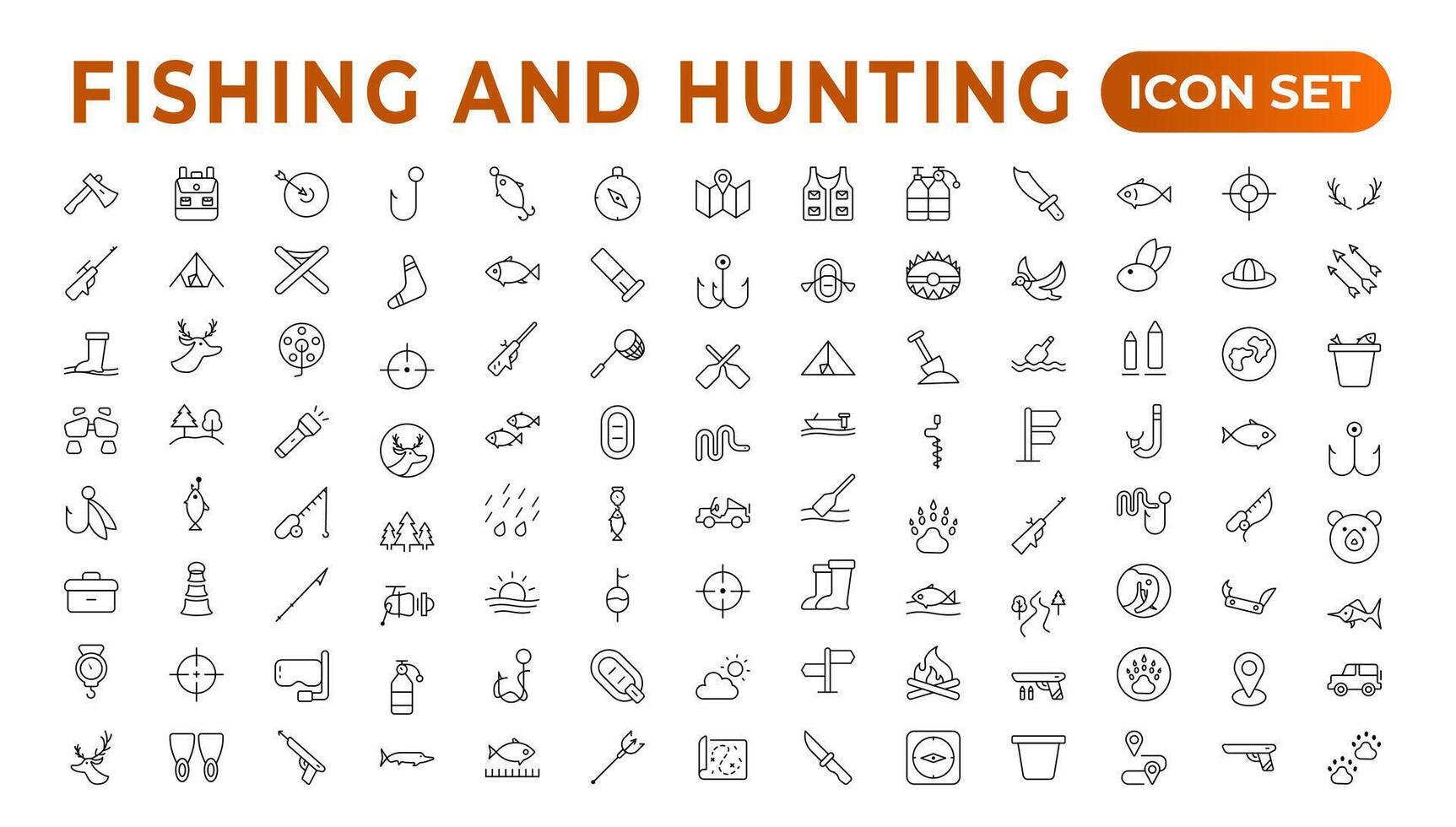 Hunting and fishing icon set.Hunting and fishing line icons collection. Big UI icon set in a flat design. Thin outline icons pack. Mushrooming, Fishing, and Hunting. Outline icon set. vector