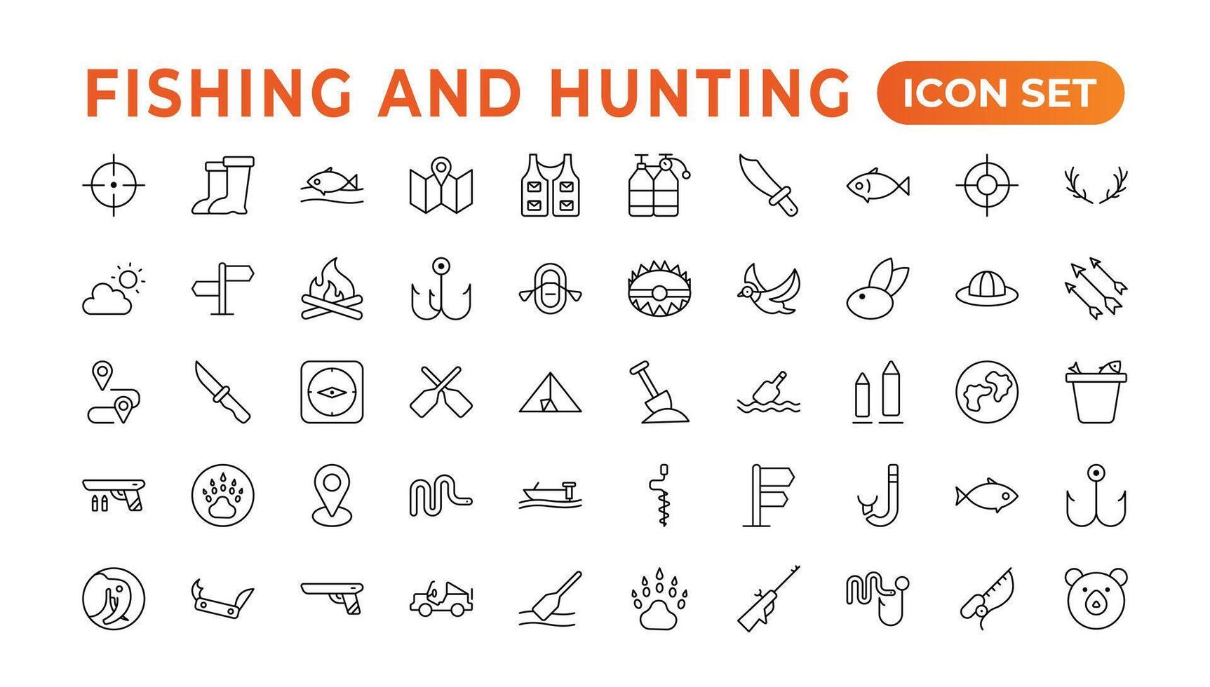 Hunting and fishing icon set.Hunting and fishing line icons collection. Big UI icon set in a flat design. Thin outline icons pack. Mushrooming, Fishing, and Hunting. Outline icon set. vector