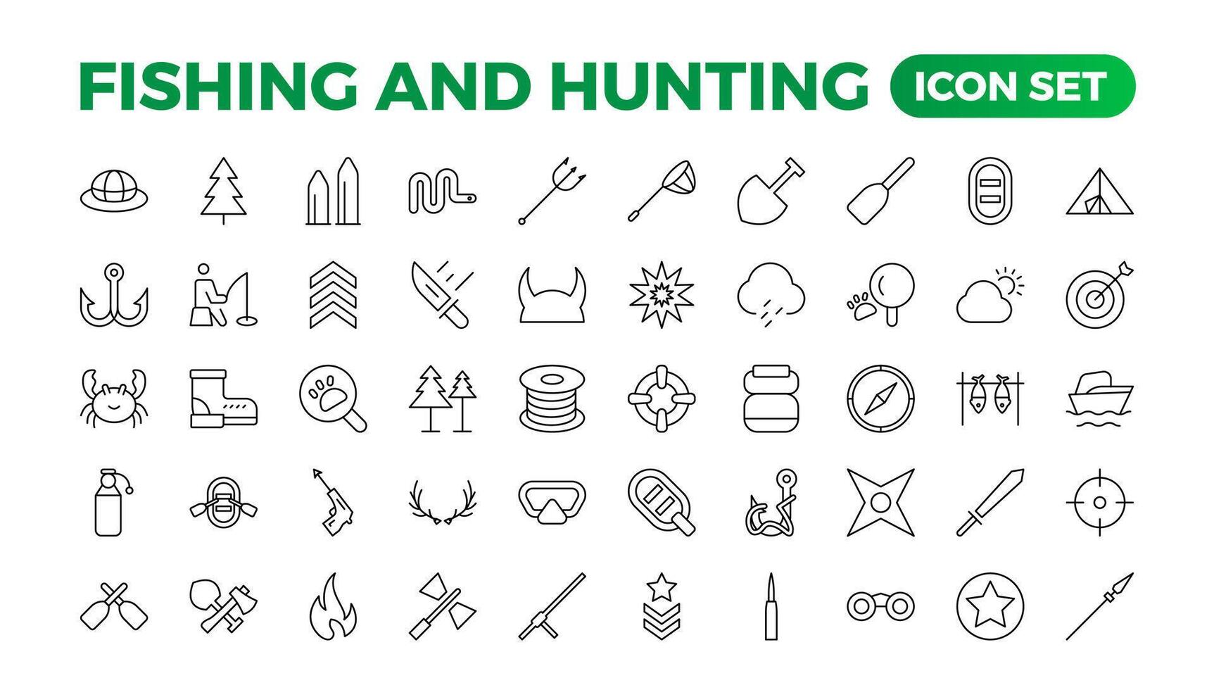 Hunting and fishing icon set.Hunting and fishing line icons collection. Big UI icon set in a flat design. Thin outline icons pack. Mushrooming, Fishing, and Hunting. Outline icon set. vector