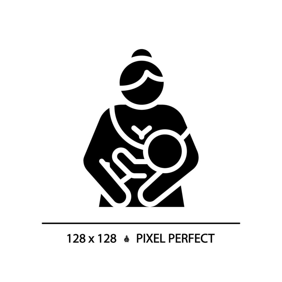 Baby lactation black glyph icon. Breastfeeding, childcare. Breast suckling, newborn holding. Human reproduction biology. Silhouette symbol on white space. Solid pictogram. Vector isolated illustration