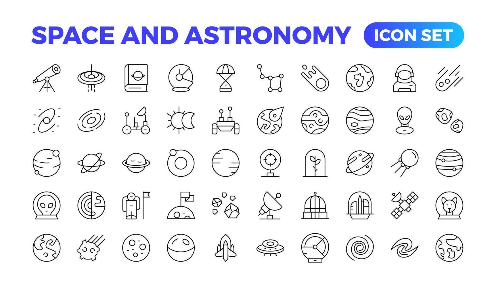 Astronomy icon set. Containing satellites, the universe, astronauts, rocket, comet, telescopes, and planet icons.space Vector Line Icons, thin line style. Contains such Icons as space, planets, alien,