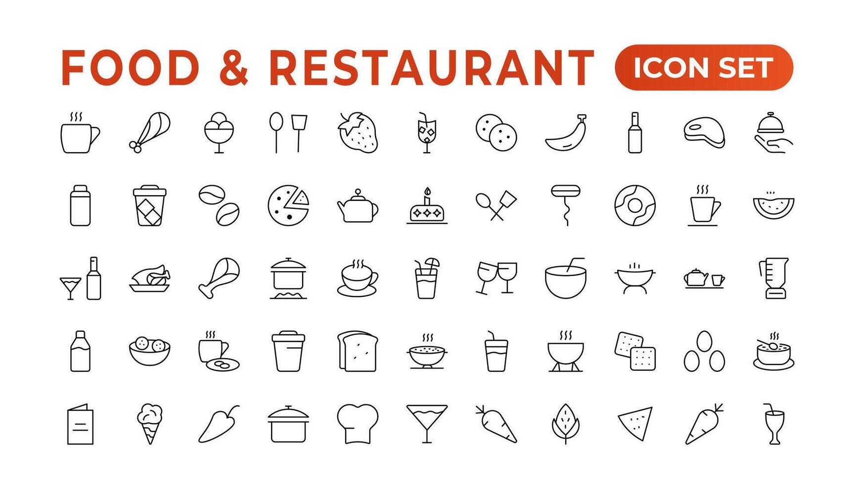 Food icon collection. Containing meal, restaurant, dishes, and fruit icons. Set of outline icons related to food and drink. Linear icon collection. Outline icons such as drink water,apple leaf,pack. vector