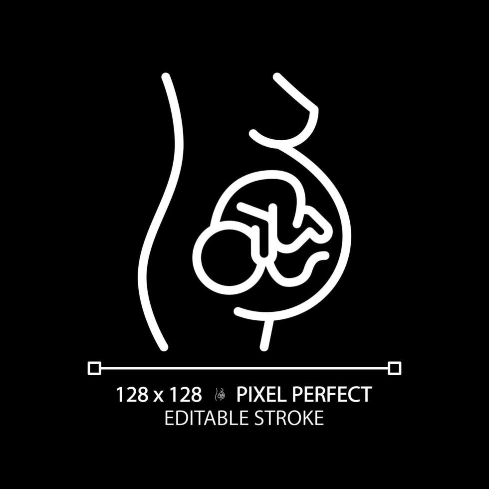 Pregnancy white linear icon for dark theme. Pregnant woman. Maternity womb, gestational carrier. Embryo baby, childcare. Thin line illustration. Isolated symbol for night mode. Editable stroke vector